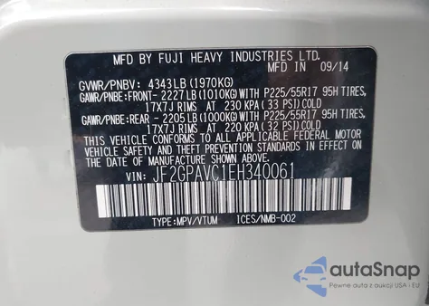 2014 Subaru Xv Crosstrek 2.0I Premium z USA, uszkodzony, nr VIN JF2GPAVC1EH340061